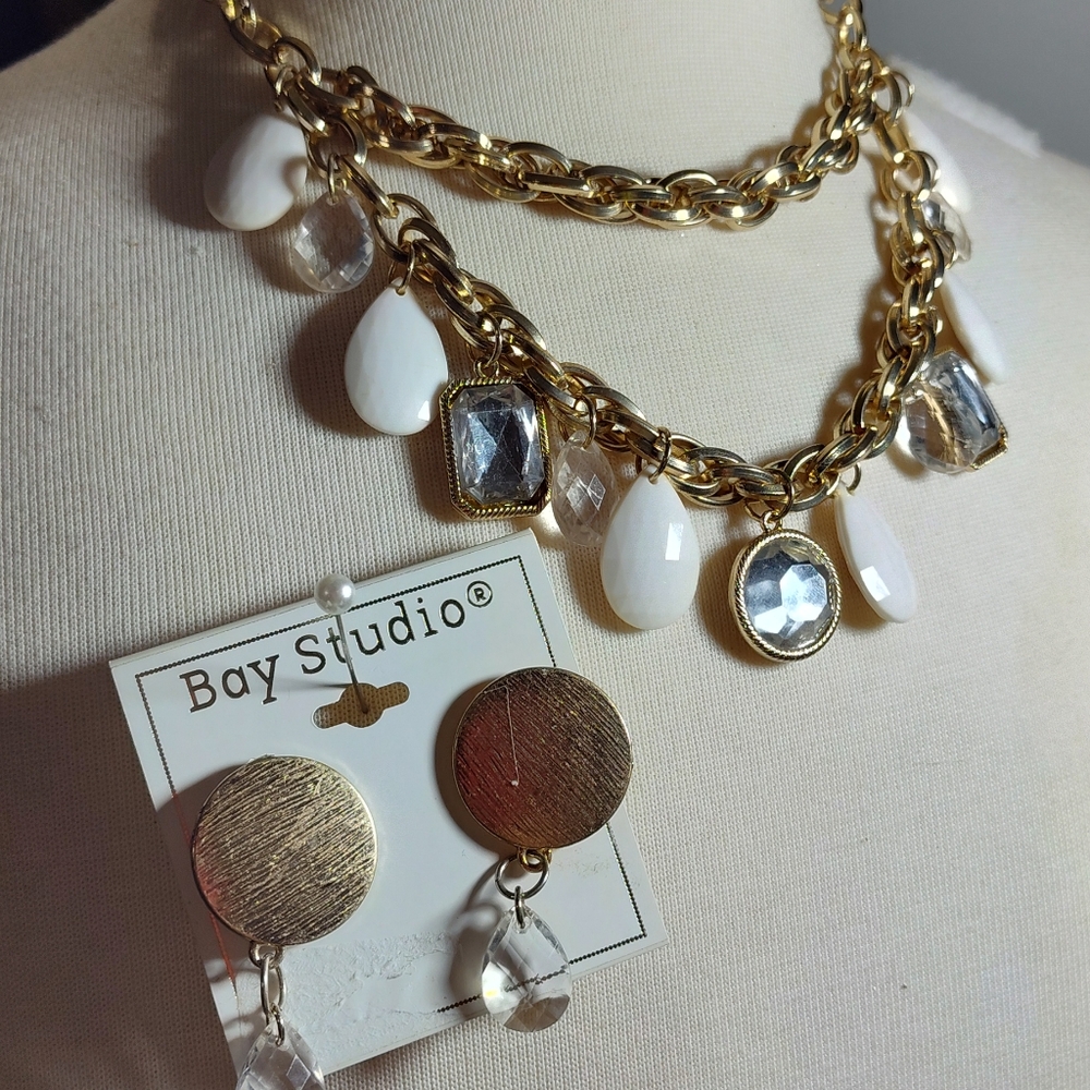 Bay Studio Gold and White Charm Necklace Earring Set